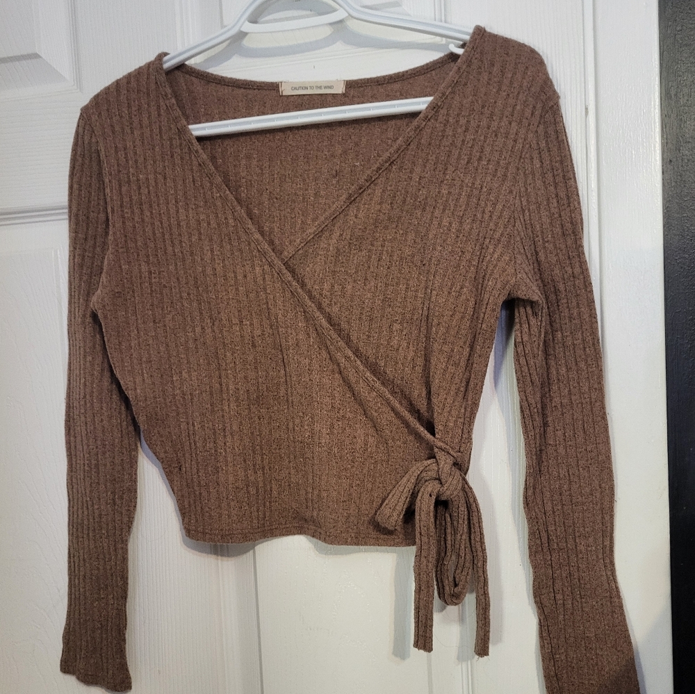 Caution to the wind wrap style top with side tie Heather brown